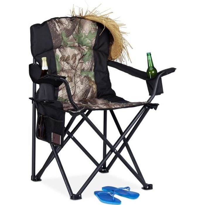 Relaxdays Fauteuil de pêche, Chaise de camping pliante, Porte-boissons, Poche de rangement, 113 kg, noir-vert