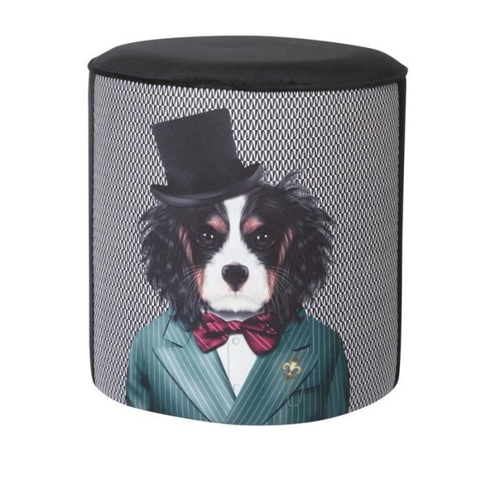 pouf assise bout de canapé 33 x 33 x 39 cm motif chien en costume et passepoil noir