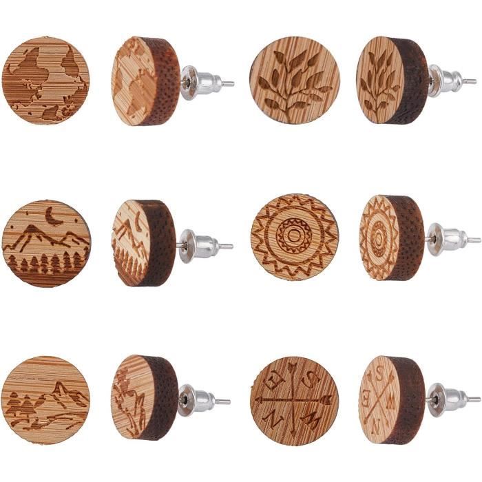 SUNNYCLUE Lot 5 Paires Boucles D'Oreilles Bois Naturel - Charmes Fleur Boussole Coeur Pour Femmes