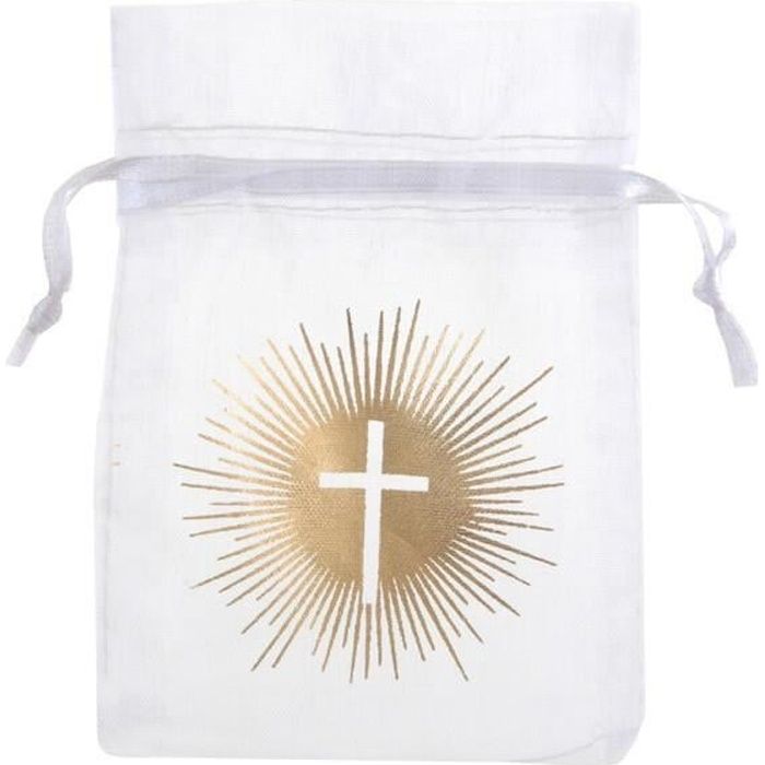 Sachet Communion croix blanc et or métallique pour dragées (x6) REF/6849