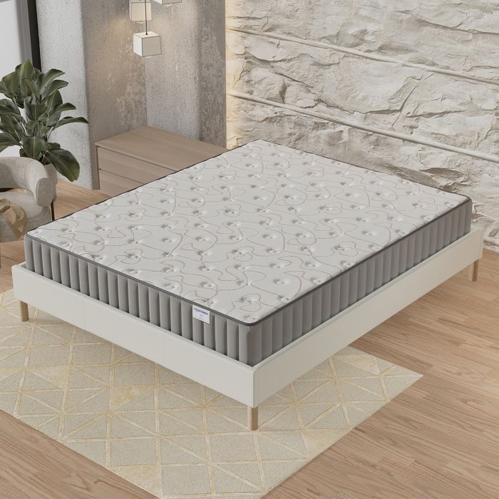 Matelas + Sommier (140 x 190cm)- Matelas Orionis Mousse Mémoire de Forme 16cm + Sommier Bois Stable revêtement Tissu Blanc