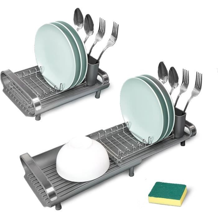 Égouttoir à Vaisselle Extensible 28-47 Cm - Avec Porte-Couverts - Design Compact Pour Évier - Blanc - 2