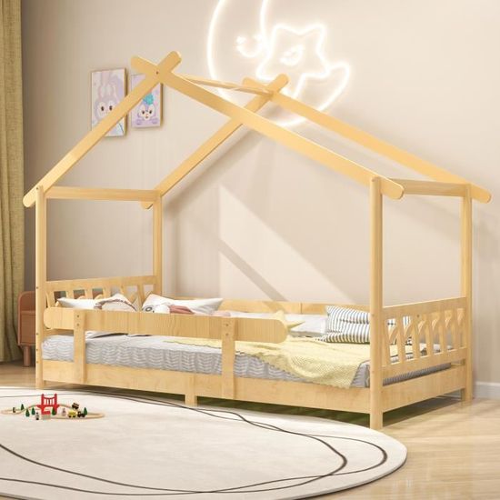 Lit cabane enfant en bois massif 90 x 190 cm avec sommier + barrière de lit  LOUIS