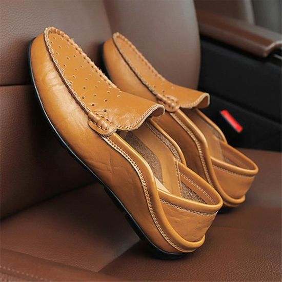Chaussures Doudou Homme MR™ SLIP-ON en cuir marron respirant - couture -  talon plat