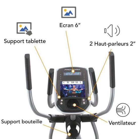 Velo elliptique Proform Endurance 720E Connecte iFIT Rampe inclinable 0 20 20 niveaux de resistance Noir Cdiscount Sport