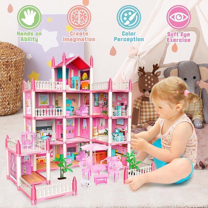 DIY Maison de Princesse avec Lumière de Chaîne et Accessoires de Meubles Enfants Cadeau de Jouet de Noël pour les Filles de 4-6 Ans