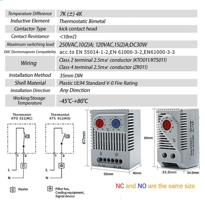 Mechanischer Temperaturschalter KTS011 – 0–60°C, Für DIN-Schiene, Mit Bimetall, 7K Hysterese, IP20