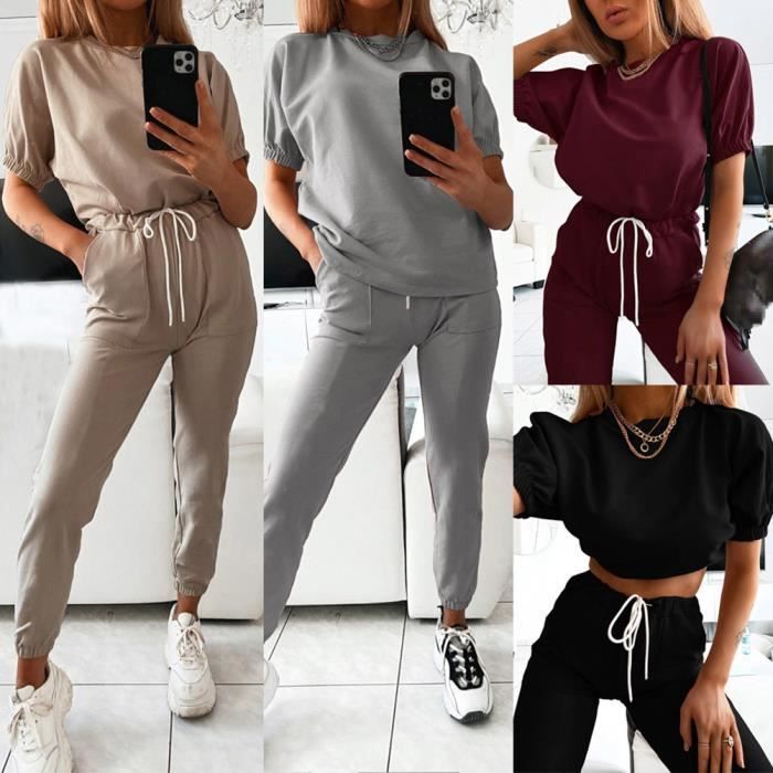 Ensemble de jogging pour femme Minetom Ete Manches courtes Gris A gris Cdiscount Pret a Porter