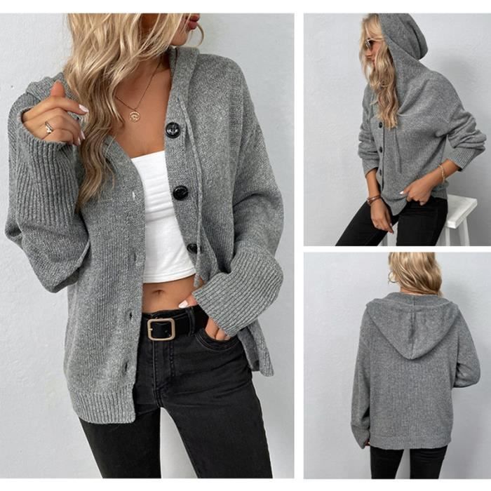 Gilet Femme Hiver Tricot A capuche Manches longues Chaud