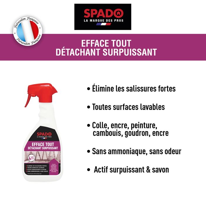 SPADO Spray 250 ml Efface tout colle encre peinture et camboui pour toutes  surfaces lavables