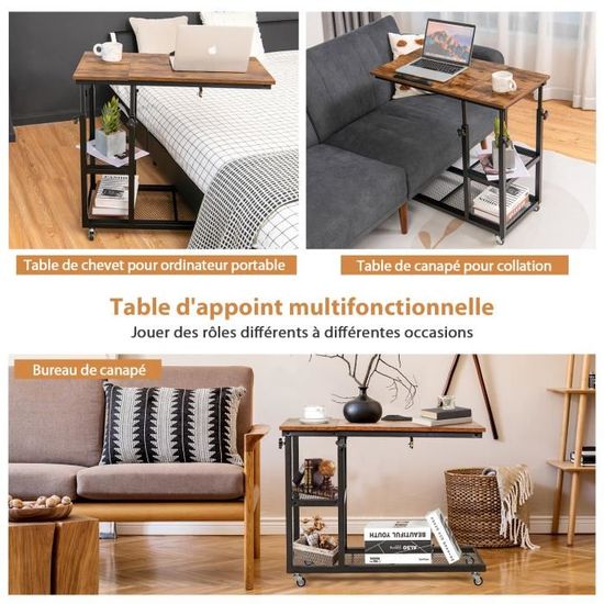 Table Portable Adjustable Lot De 2 Tables D'Appoint En C CADUKE - 40x30x70cm - Métal Et MDF - Vintage - Salon/Chambre Mobilier Salon Vintage