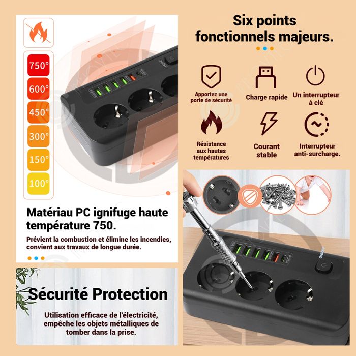 INN Multiprise Intelligente 3 Prises 5 USB 1 Type-C avec Interrupteur ...