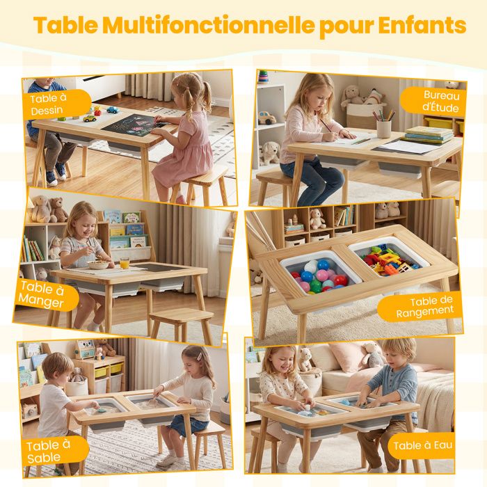 COSTWAY 2 en 1 84 PCS Table Circuit de Train en Bois avec Plateau Réversible, Table Enfants avec Tiroir, Coins Arrondis, Jeux Train pour Enfants de 3 Ans+, 97x62,5x39,5cm (Naturel