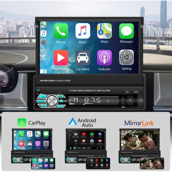 Autoradio bluetooth Carplay 1 Din GPS 7'' Écran Tactile Retractable FM  Radio Main Libres AUX-USB-TF Lien Miroir+Télécommande+Caméra - Cdiscount  Auto