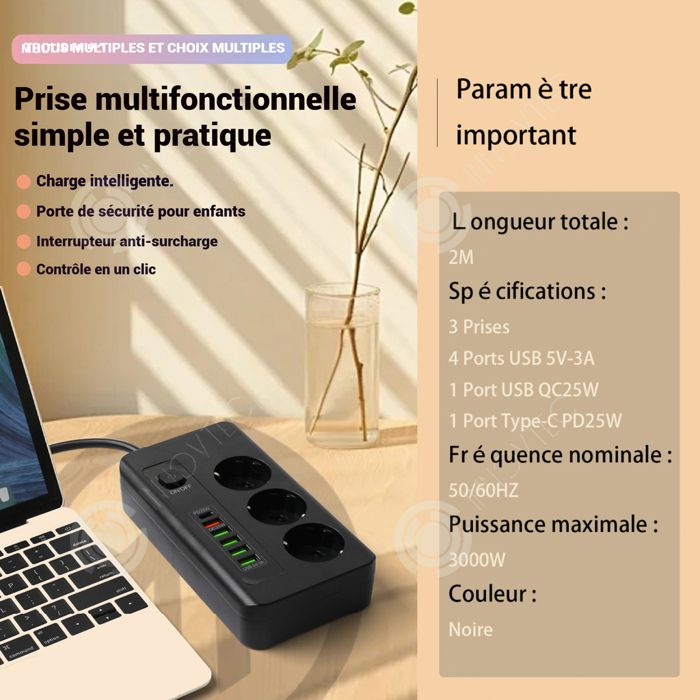 INN Multiprise Intelligente 3 Prises 5 USB 1 Type-C avec Interrupteur ...