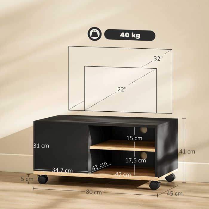 Meuble TV Avec Roulettes Et étagères - 80x40x40 Cm - Style Rustique - Pour Salon Ou Chambre - Montage Facile - 14