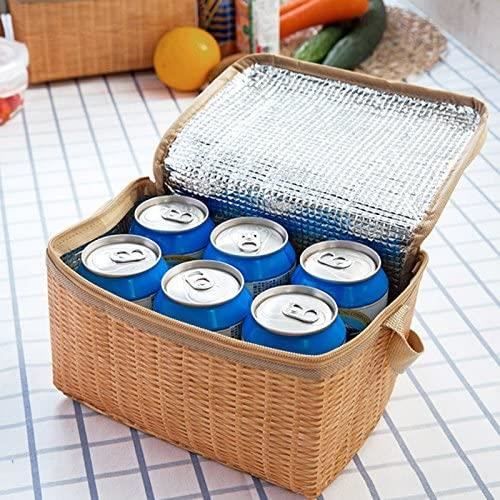 Sac Isotherme Repas a Dejeuner Lunch Box Bag Paille Bois Panier Plage pour Bebe Enfant Garcon Femme Homme Fille Adulte Famille A645