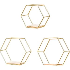 ETAGÈRE MURALE Lot de 3 étagères flottantes hexagonales en métal doré avec base en bois, cadre en métal moderne pour chambre à coucher, [376]