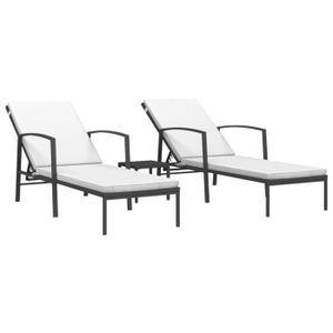 CHAISE LONGUE Lot de 2 transats chaise longue bain de soleil lit de jardin terrasse meuble d exterieur avec table resine tressee noir