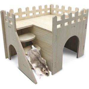 ACCESSOIRE ABRI ANIMAL Maison Hamster, Maison eois pour Hamster Nains Rat Gerbille, 2 étages avec Échelle (20 * 15 * 15 cm)178