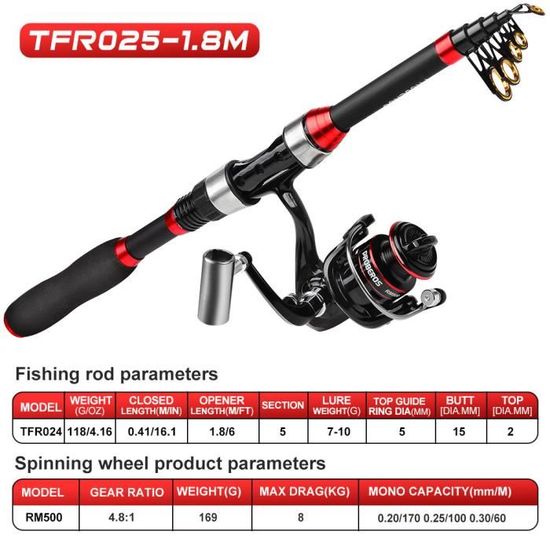 Set Canne à Pêche Télescopique + Moulinet + Leurres - Longueur 1,8 M - En Fibre De Carbone - Pour Débutants - 8