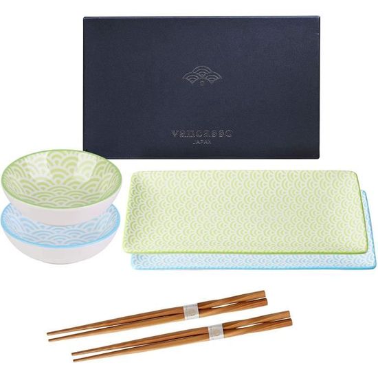 Service à Sushi Pour 2 Personnes - Porcelaine Macaron - 2 Assiettes Longues, 2 Bols, 2 Baguettes, 2 Saucières - Style Japonais élégant