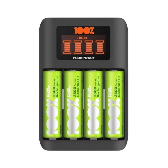 Chargeur Piles Rechargeables AA et AAA - 4 Piles AA Minh Rechargeables  incluses, 100% PEAKPOWER