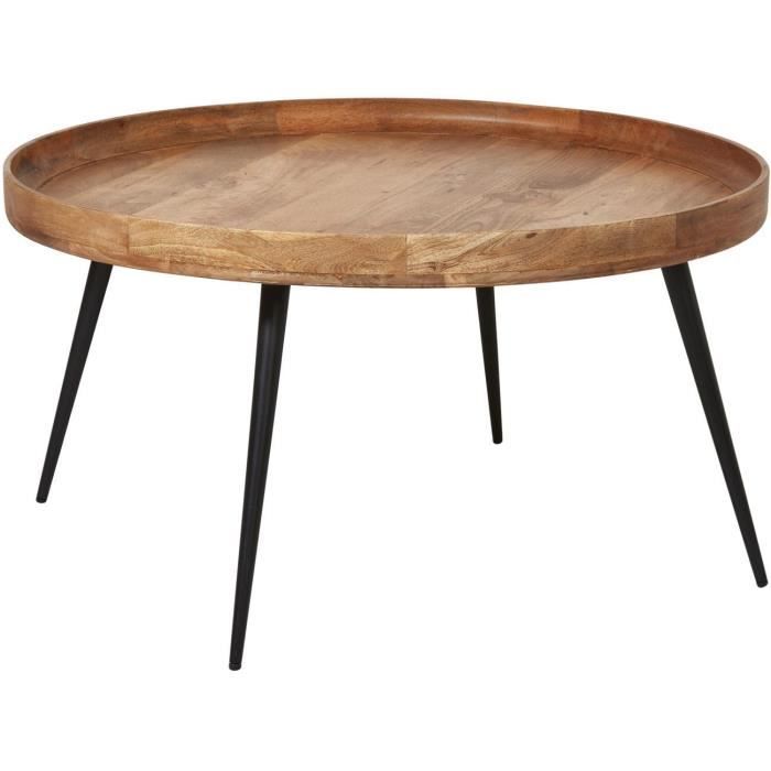 Table basse ZARAGOZA Marron - plateau Bois Mango Massif pieds Metal Noir 85 x 85