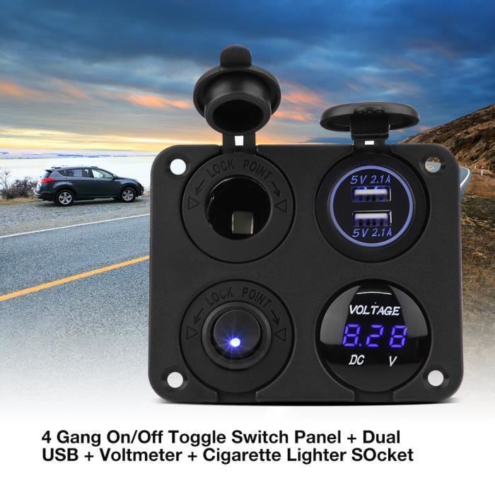 Interrupteur à bascule ON / OFF à 4 panneaux double chargeur USB prise allume-cigare voltmètre LED bleue
