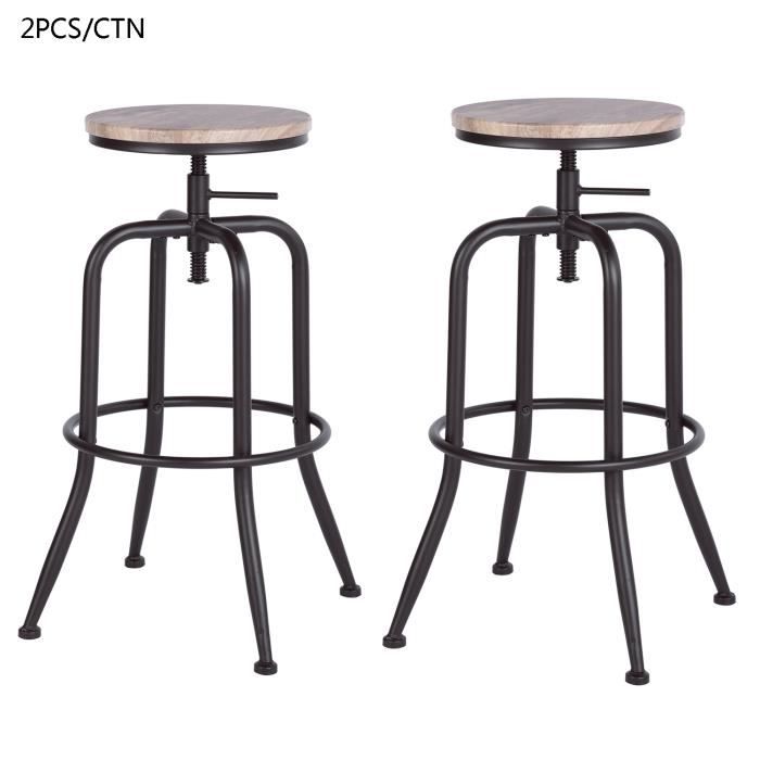 Lot de 2 Tabouret de Bar Siege Fini en Chêne Tournant Métallique a Pieds Incurvées Ajustable à la Hauteur du Comptoir