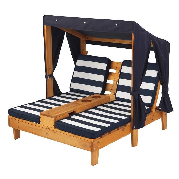 KidKraft 524 Chaise longue en bois avec porte-gobelets, meuble de jardin enfant - coloris miel et bleu marine
