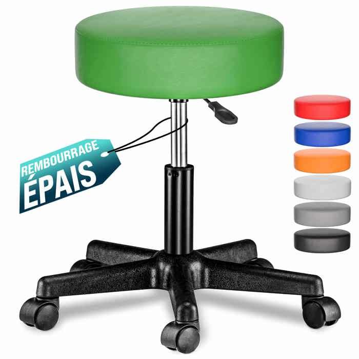 Tabouret à roulettes Siège pivotant vert Réglable en hauteur Pivotable 360° Coussin 10cm