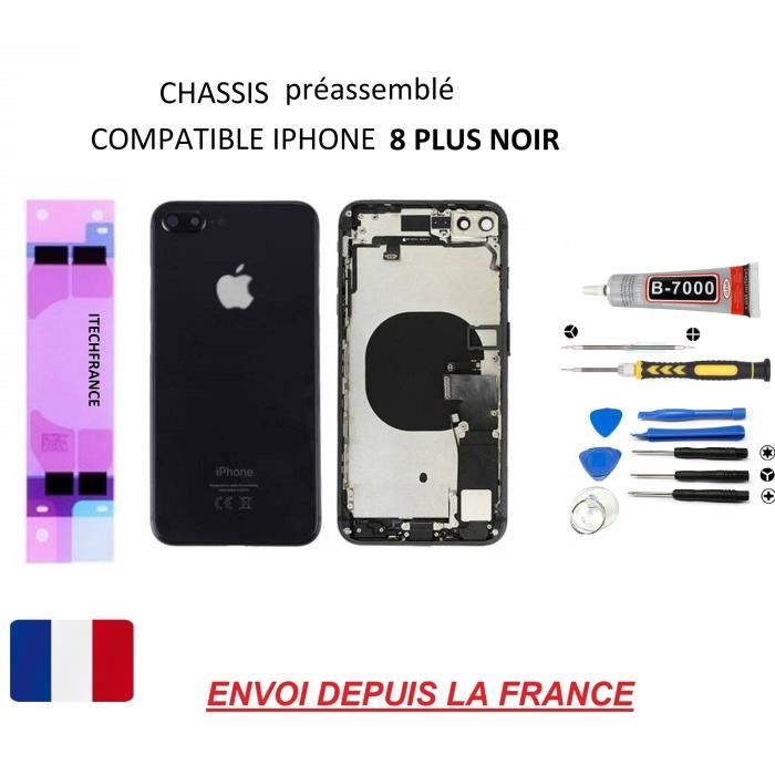 Châssis arrière préassemblé compatible iphone 8 plus NOIR vitre arrière, qualité origine, dos en verre, kit outil tournevis professi