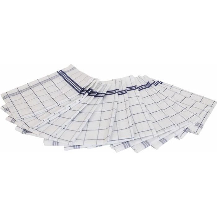 LINANDELLE - Lot de 12 torchons essuies verres carreaux - Bleu