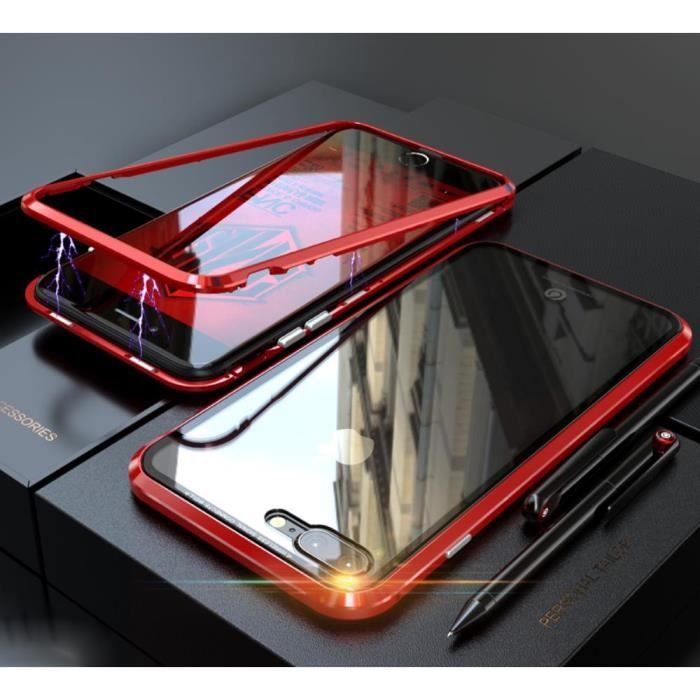 iPhone 7 Plus-8 Plus Coque Technologie d'adsorption Magnétique, Ultra Fin Métal Frame + Arrière en Verre Trempé Etui Housse - Rouge