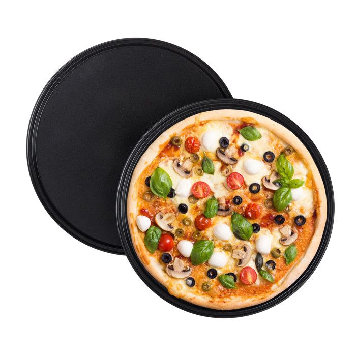 Relaxdays Plaque à pizzas, Lot de 2, Plat à four, Acier au carbone, Moule, Plateau, Antiadhésive, Ronde, ∅ 32 cm, Gris