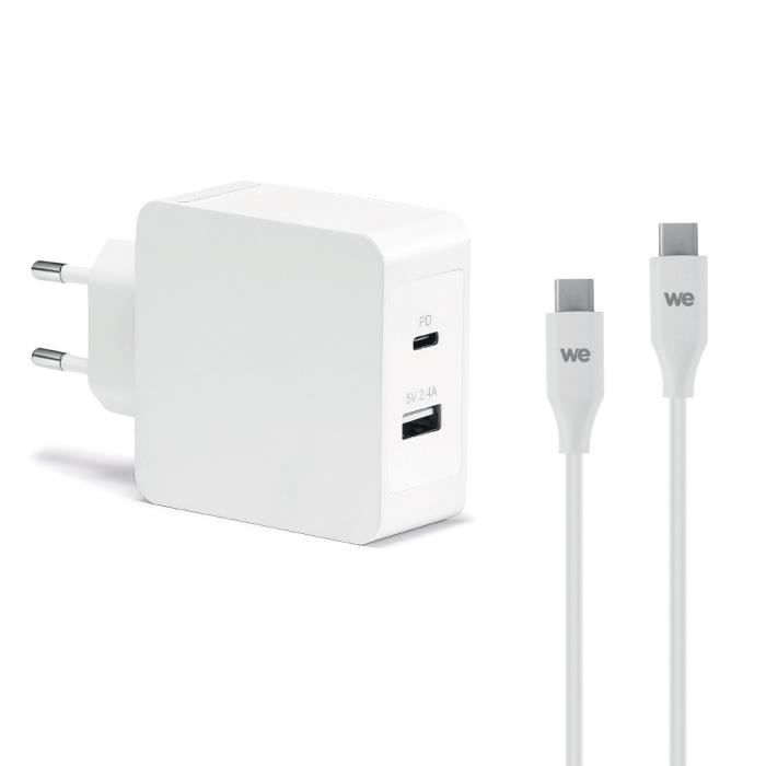 WE Bundle Chargeur pour Pc Portable USB-C de 45W et USB A de 12W + Cable USB Type C de 1 Mètre - Blanc