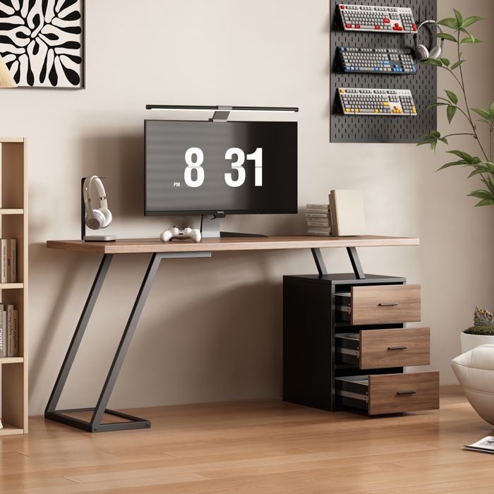 Bureau Informatique Industriel Table dordinateur multimédia Multi-rangements avec 3 tiroirs 140 x 59 x 75 cm Marron foncé