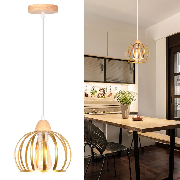 TOKIUS Luminaire Suspension Industriel Moderne Lustre en Bois Métal Doré E27 Eclairage Plafond Pour Chambre Salon Salle à Manger