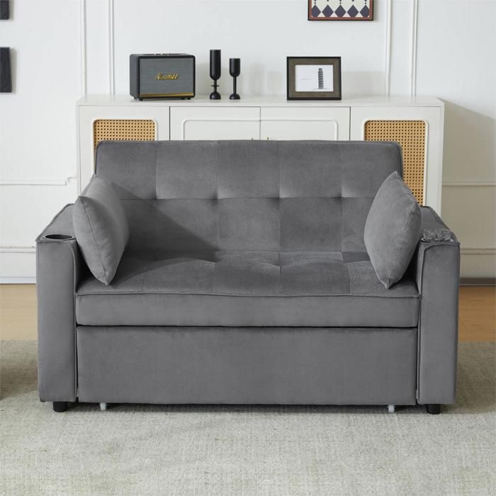 Canapé Convertible - Clic Clac 2 Places Convertible - avec des Coussins - Velours - Gris - Convient au Salon à la Chambre