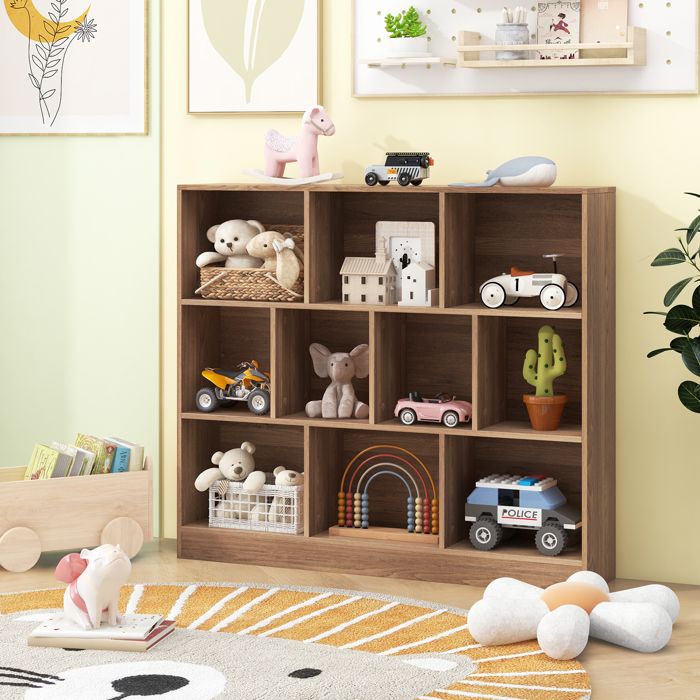 DREAMADE Bibliothèque en Bois à 3 Niveaux Etagère de Rangement à 10 Cubes avec 2 Kits Anti-basculement pour Jouet Livre Naturel
