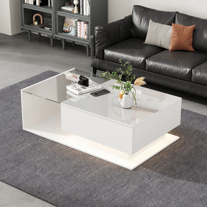 Nouveau Premium sense highlight table basse blanche 100x50x32 cmΔ avec plateau en verre et tiroirs résistant aux rayures avec