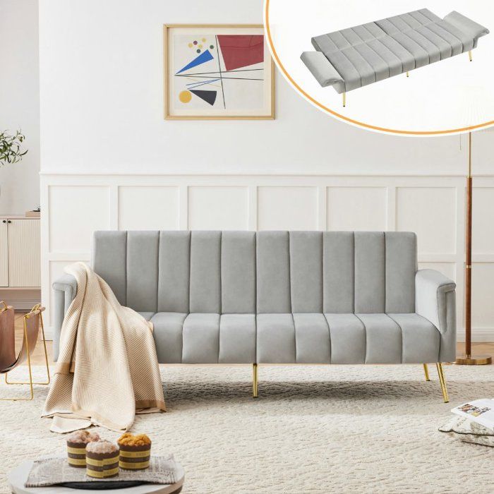 Canapé-lit - LANGTU - N653P260506G - Velours gris - Dossier réglable 5 angles - Convertible 220x104 cm