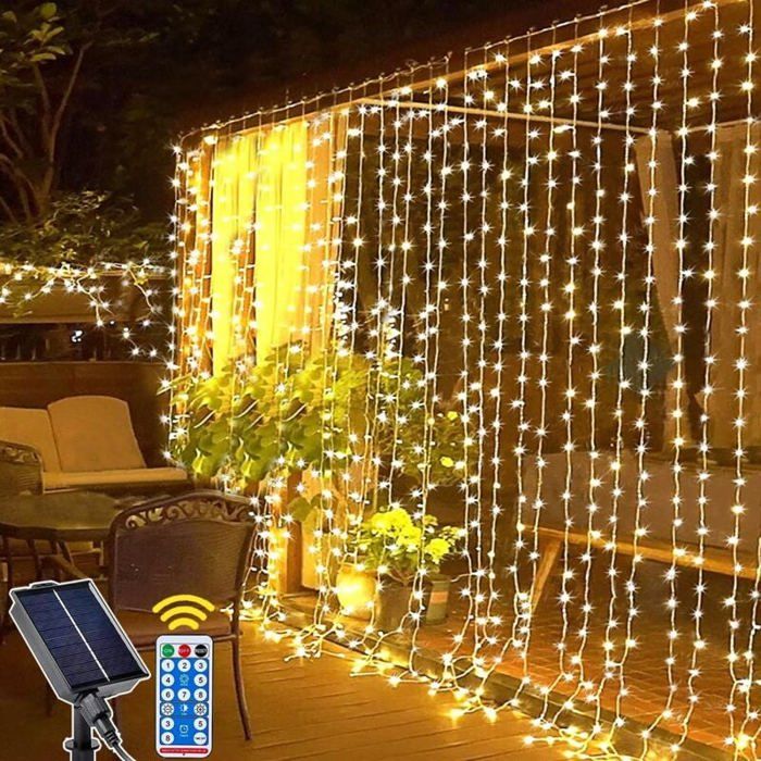 Rideau Lumineux Solaire Extérieur3m x 3m 300LED Lumineuse Solaire avec Télécommande8 Modes Cascade Solaire dextérieur