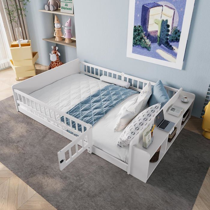 Lit pour enfant 140 x 200 cm en bois avec espace de rangement ouvert lit de sol avec grille sans matelas en pin blanc