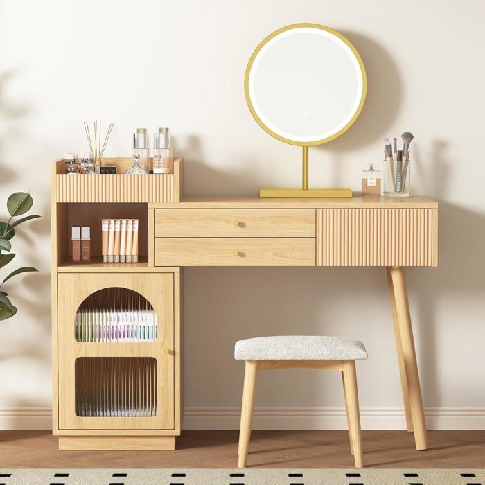 Coiffeuse table de maquillage avec miroir LED et éclairage tricolore table de maquillage en bois - L120/H90/T40 cm(sans tabouret)