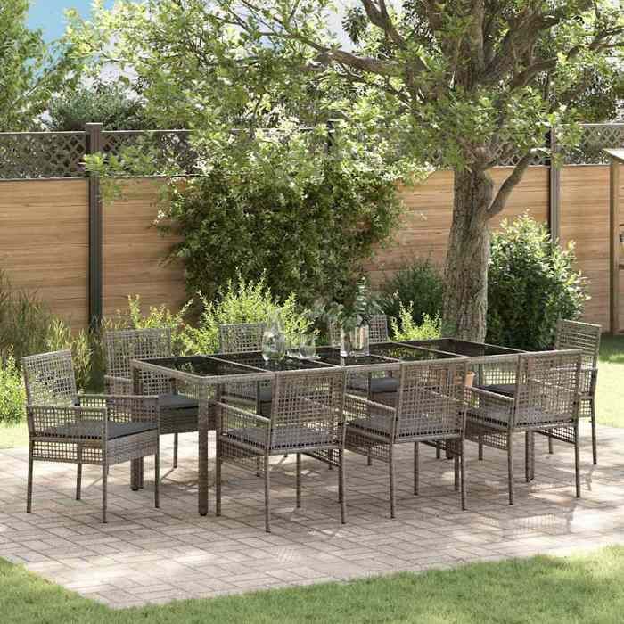 vidaXL Ensemble de jardin 9 pièces  gris en poly rotin avec des coussins. Idéal pour l’extérieur ce mobilier stylé 3334877