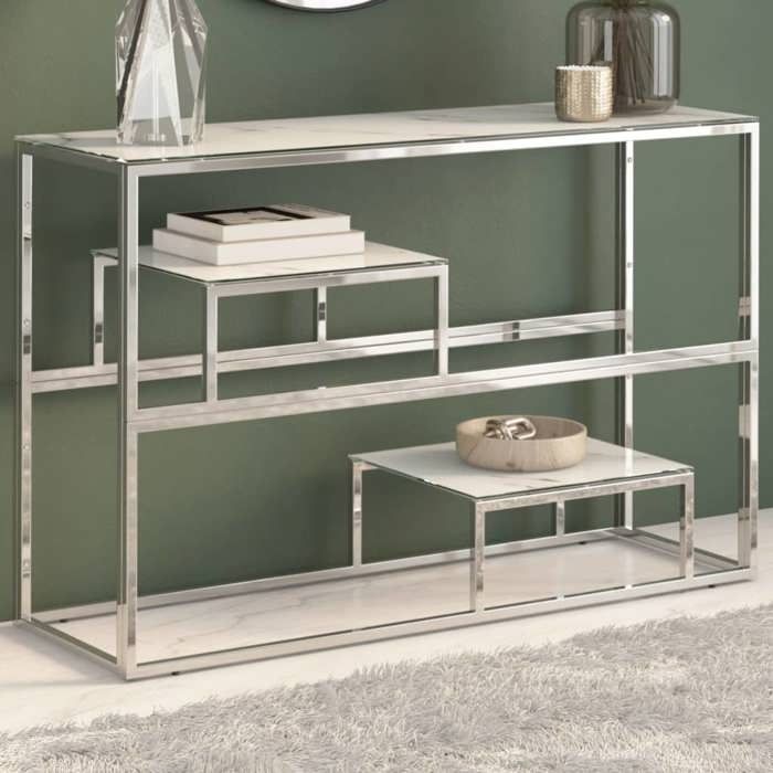 (Argent) Table Console，VIDAXL Armoire haute de salon table dappoint argenté acier inoxydable et verre trempé Mgnifique733138
