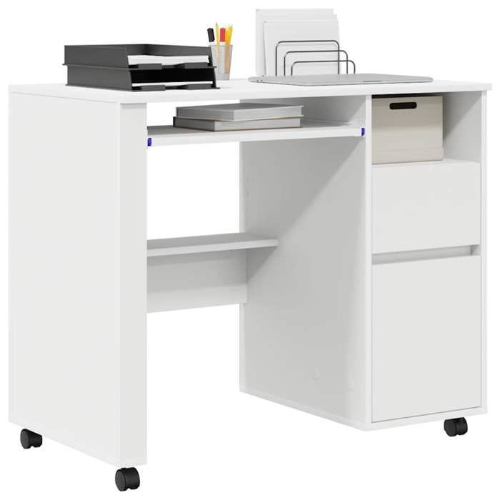 Kenneth@ Bureau - 1 PERSONNE - Table dordinateur - avec roulettes Blanc 91x50x77 cm - Bois dingénierie LL1092