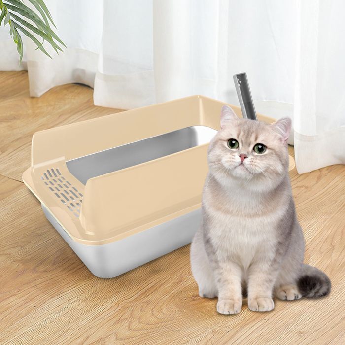 Comparer les prix de JEOBEST XXL Bac à Litière en Acier Inoxydable - 60*40*30cm - Litière Ouverte pour Chat avec Pelle - Kaki
